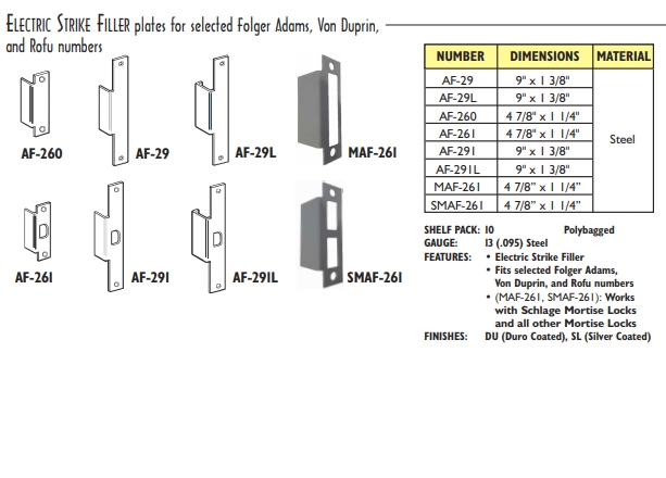1-ELECTRIC STRIKE FILLER plates for selected Folger Adams, Von Duprin,